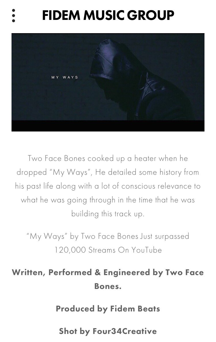 FidemMusicGroup's tweet photo. "My Ways" by @twofacebones just surpassed 120,000 streams on YouTube! 🔥🚨 Read Full Article Here: https://t.co/yK7hDsvNwr 
#recordlabel #label #indielabel #independentlabel #rapartist #rapper #rap #hiphop https://t.co/8Yb4P7blnj