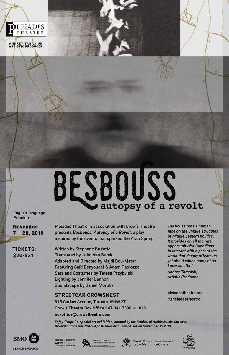 BallyhooToronto's tweet photo. In Besbouss, produced by Pleiades Theatre in association with Crow’s #Theatre, a forensic pathologist is tasked with performing an autopsy on the body of a young man who sparked the Arab Spring.
Playing Nov 7-20. Tickets at https://t.co/itRvMibLCp
#crows1920 https://t.co/7ZxAWVIran