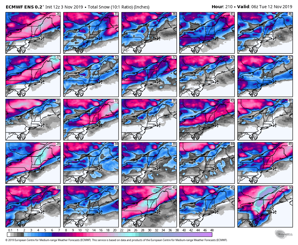 MikeBWeather's tweet photo. Here are the individual ECMWF members, models range from no hits to a sizable 12-18" snowstorm for the interior. 

Once again this event heavily favors interior mid-Atlantic and New England. When in doubt follow what climatologically makes sense. https://t.co/fovEKlX43z