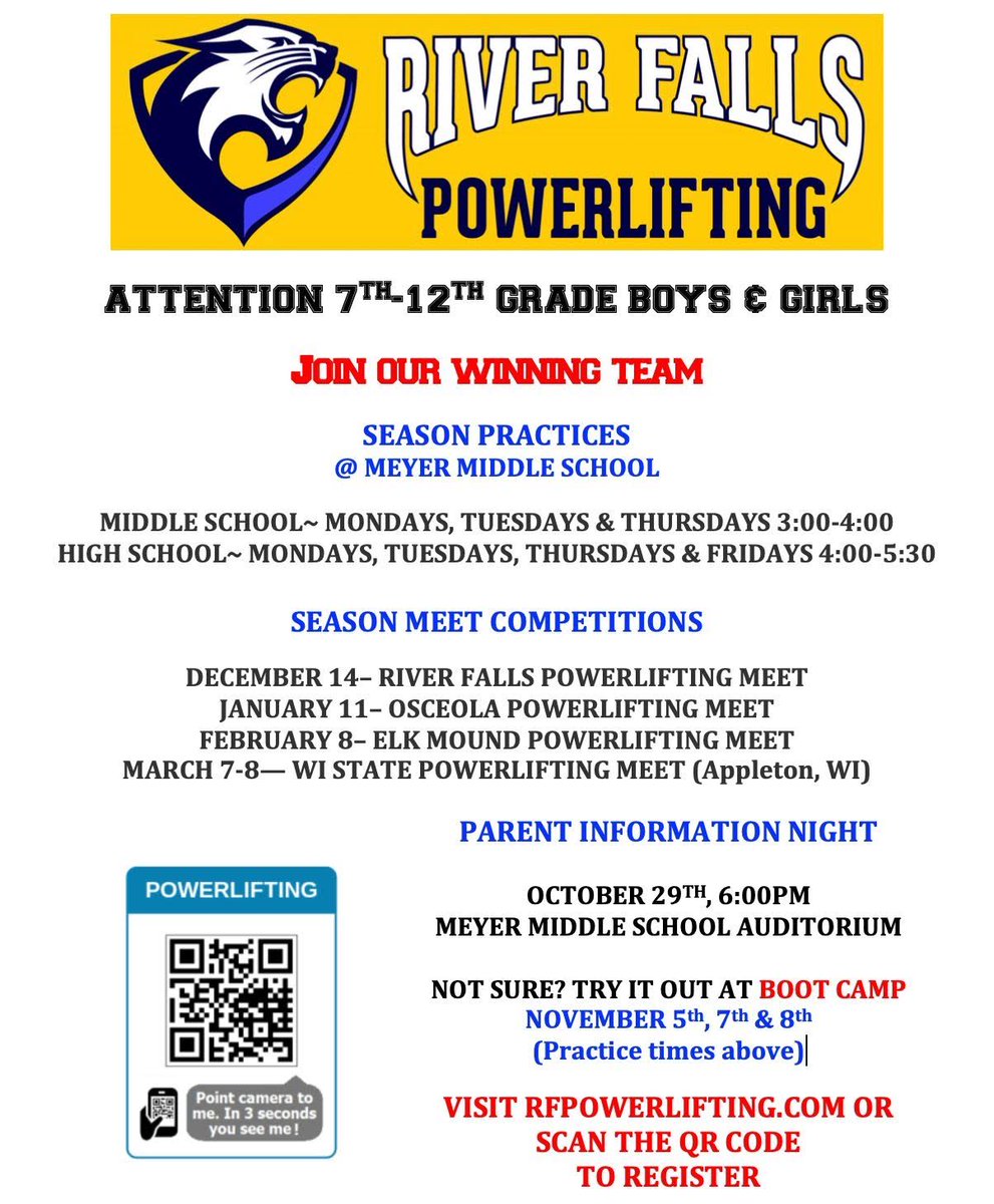 RFPowerlifting's tweet photo. LAST WEEK TO REGISTER FOR THE 19-20 SEASON
Go to https://t.co/Y2ev2KhXyM or scan the QR code below

Not sure what about joining?  Come check us out for FREE this week Tuesday, Thursday and Friday (11/5, 11/7 &amp; 11/8)

Middle School 3:00-4:00
High School 4:00-5:30 https://t.co/cAtmoyqOtQ
