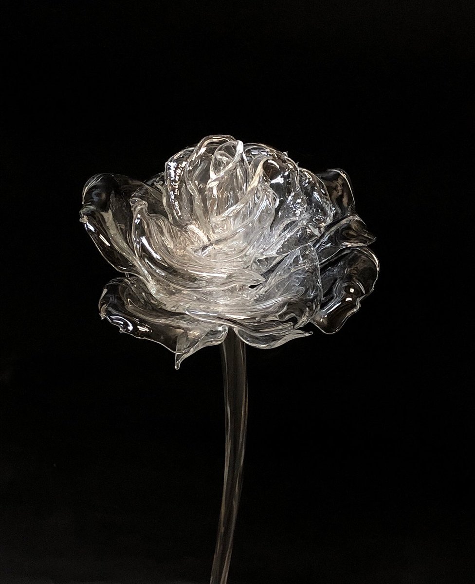 Utsusemi Glass Sculpture 薔薇をリニューアルするよ 1個目は薄氷のような質感に 薄作りの花弁の重なりが 見る角度で微妙に変化して同じ花とは思えない表情の違いが面白い 2個目制作は小さくまとめる事を目指して バラの花 Rose Flower