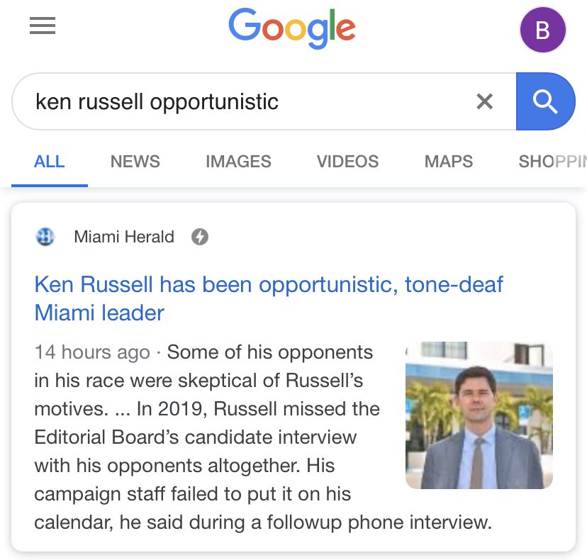 BillyCorben's tweet photo. Wow: I’d say shame on @HeraldOpEd but they have no shame. Their original headline (still visible on Google) was the far more accurate “Ken Russell has been opportunistic, tone-deaf Miami leader.” Why did they change it? We need accountability and transparency at our local paper. https://t.co/1Xm2PsmTr9