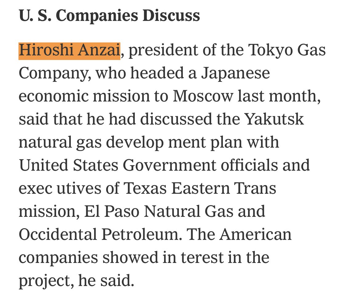 Anzai also played a role in kickstarting Russian LNG exportsHe even proposed a Japan-USSR-US LNG trilateral supply deal in the middle of the Cold War. Attached is a NYT article from 1972 (!)(Anyway, this is a different tweet storm for another day) https://www.nytimes.com/1972/11/25/archives/japan-and-soviet-agree-on-joint-oilgas-project-japan-and-soviet.html