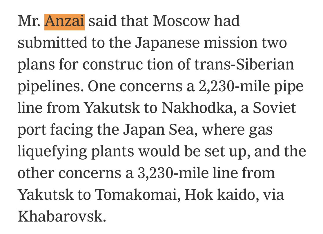 Anzai also played a role in kickstarting Russian LNG exportsHe even proposed a Japan-USSR-US LNG trilateral supply deal in the middle of the Cold War. Attached is a NYT article from 1972 (!)(Anyway, this is a different tweet storm for another day) https://www.nytimes.com/1972/11/25/archives/japan-and-soviet-agree-on-joint-oilgas-project-japan-and-soviet.html