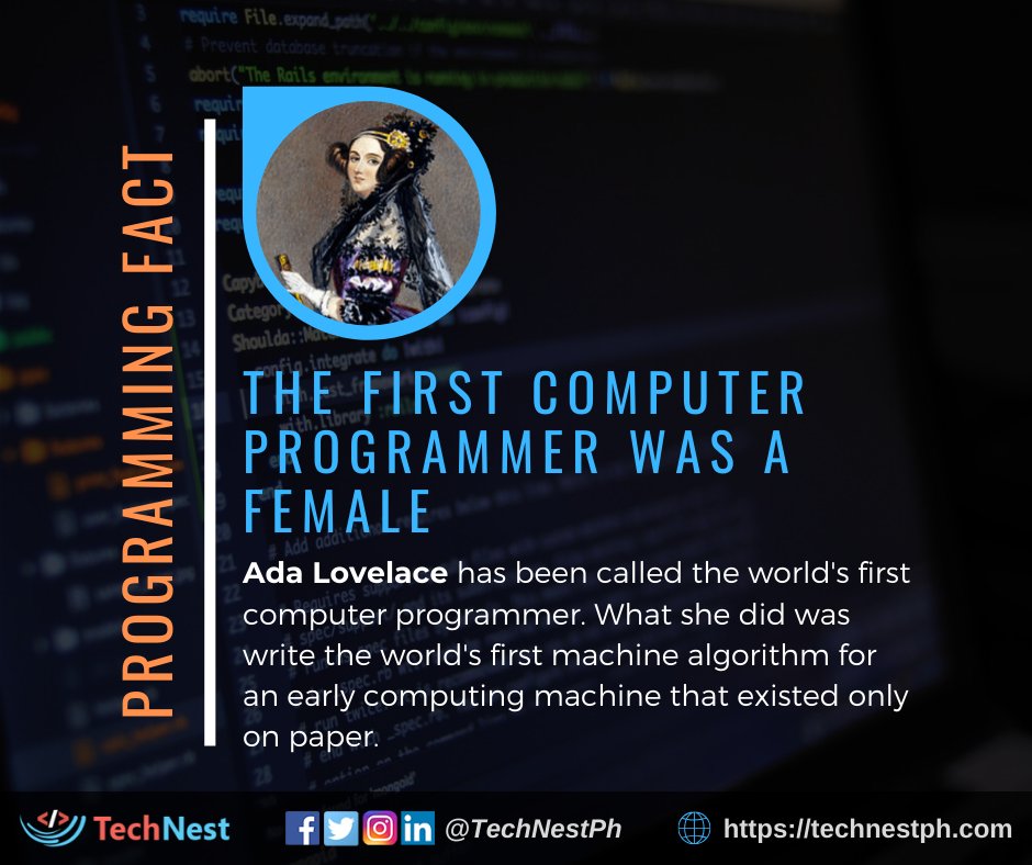TechNestPh's tweet image. The First Computer Programmer was a Female.
Ada Lovelace has been called the world's first computer programmer. What she did was write the world's first machine algorithm that existed only on paper.
#ProgrammingFact
#TechNest
#HomeOfReliableSoftTechSolutions