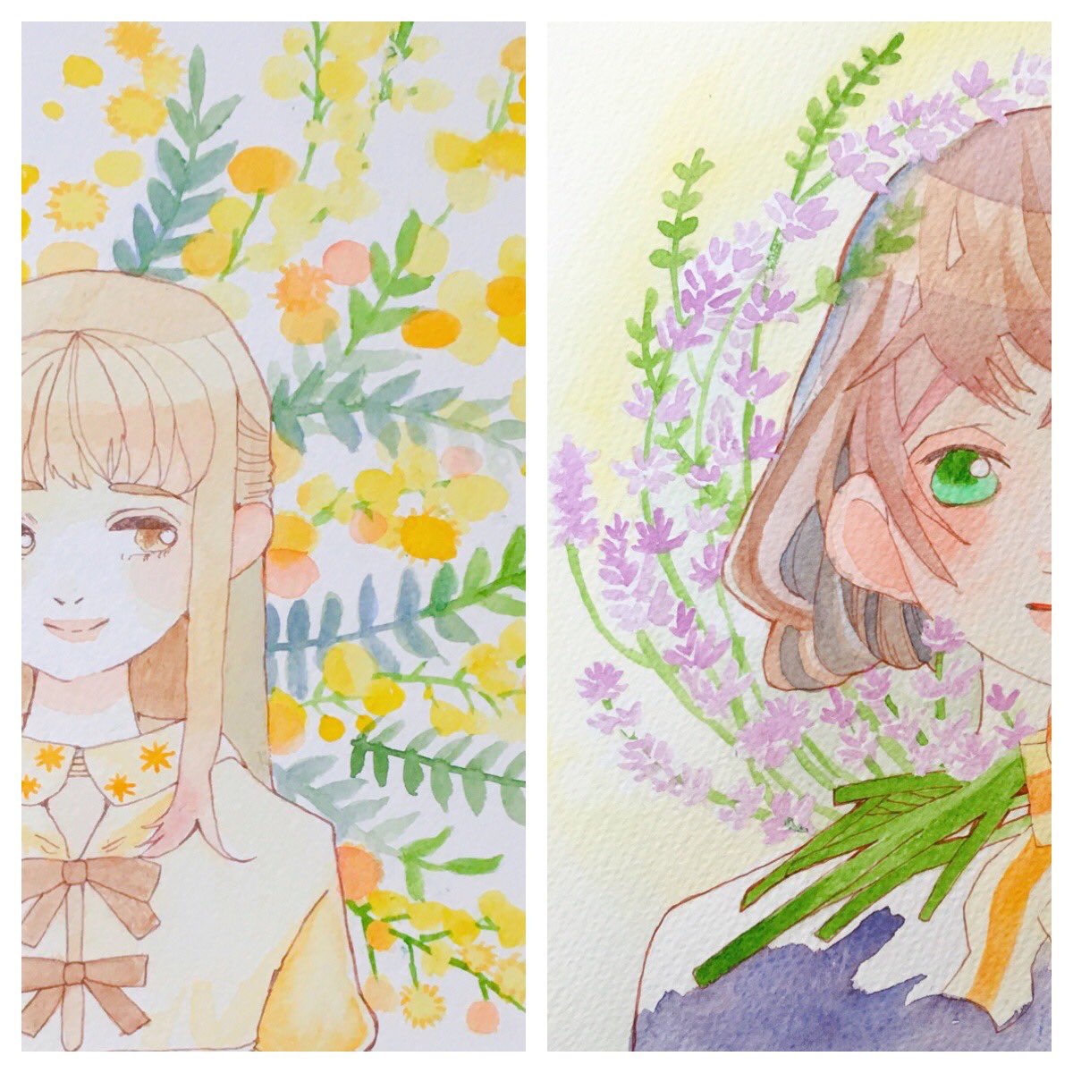 さざはら 低浮上 ミモザとラベンダー 花束 イラスト Drawing 花 女の子