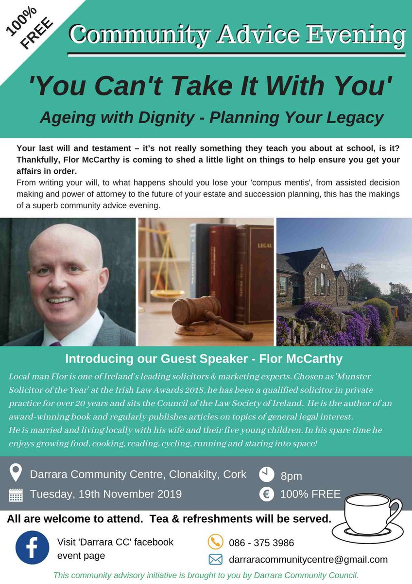Mark Your Calendar

Flor will be speaking at a community advice meeting held at Darrara Community Centre on Tuesday November 19th.

This will be a great opportunity to get some important information or ask any questions you might have.

#westcork #irishlawyer
