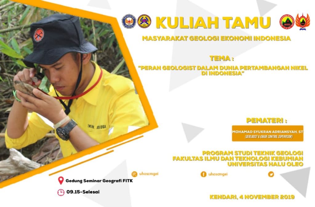 [MGEI GOES TO CAMPUS]

Today...
KULIAH TAMU in Teknik Geologi UHO
“Peran Geologist dalam Industri Pertambangan Nikel Laterite di Indonesia”
(M. Syukran Andriansyah)

#MGEIgoestoCampus 
<a href="/MGEIOfficial/">Pengurus Pusat MGEI</a> 
<a href="/HMTG_UHO/">Geologist</a> 
<a href="/MICROMINEIndo/">MICROMINE Indonesia</a>