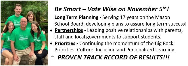VoteKevinWise's tweet photo. Election Day is two days away!  Please share this to encourage all to vote!  It has been an honor to serve our community and Mason Schools.  Our track record together is strong and the best is yet to come!  Remember to "Be Smart Vote Wise" on Tuesday. https://t.co/qmF204Vjwa