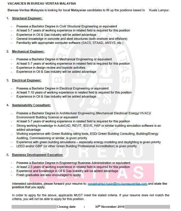 Kakak Resume Jual Norwex On Twitter Job Vacancy In Bureau Veritas Malaysia 1 Structural Engineer 2 Mechanical Engineer 3 Electrical Engineer 4 Sustainability Consultant 5 Business Development Executive Https T Co Ox3zkcgybv