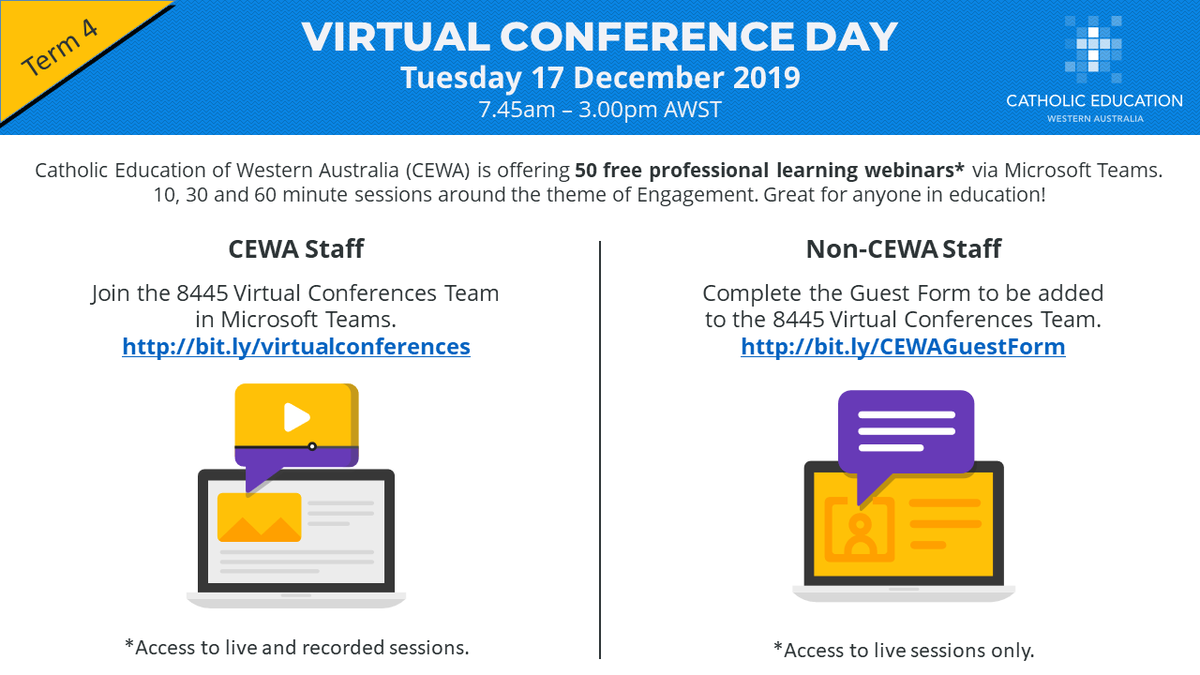 CEWADigitalTech's tweet photo. Catholic Education of Western Australia invites all educators to our first Virtual Conference Day on 17 December 2019.  See details below on how to join.  
CEWA staff: https://t.co/gVfdHqwteL
Non-CEWA staff: https://t.co/jlUpPyKsnD https://t.co/OuU1drQFs1