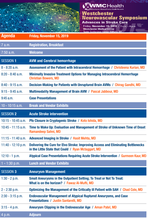 almuftifawaz's tweet photo. Excited to announce our upcoming annual #Neurovascular Symposium @WestchesterMed on Nov 15
Join us &amp;our esteemed guest speakers
@PascalJabbourMD from @TJUHNeurosurg  @mobilestroke4U from @RIHospital , Koto Ishida from @nyulangone &amp; @AmanBPatel from @MGHNeurosurg !
 #WMCBrainSpine https://t.co/20zpNBXguf