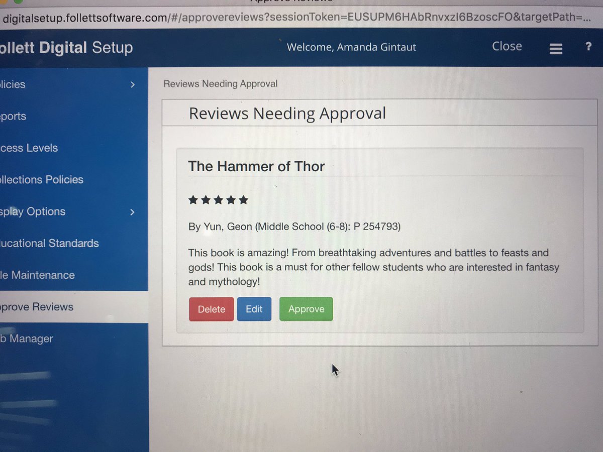Mgintaut's tweet image. Love being able to approve such a great book review. ⭐️⭐️⭐️⭐️⭐️ for The Hammer of Thor. Come and get it from the library today. @DaaMiddle #mslibrary #40bookchallenge