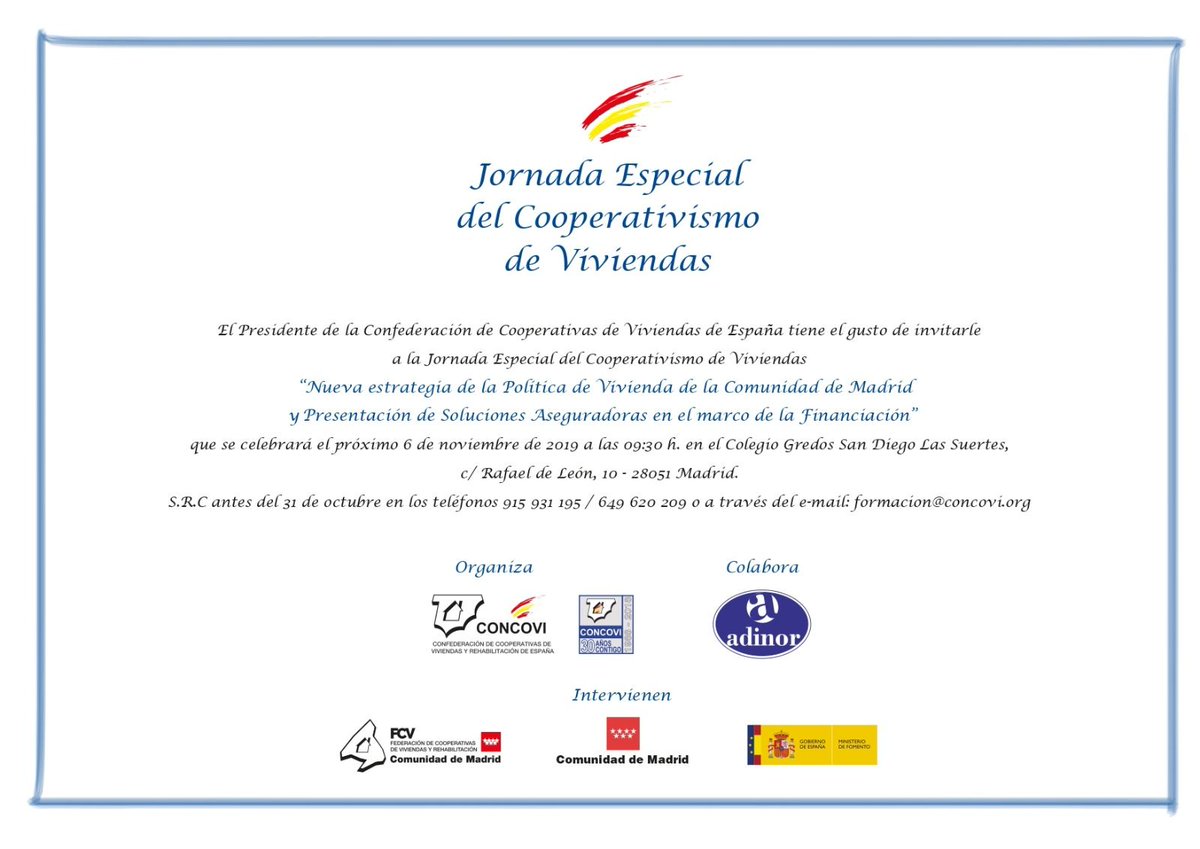 CONCOVI_Espana's tweet image. Este miércoles, en el colegio @gredossandiego de Las Suertes, #CONCOVI celebra una Jornada Especial del #Cooperativismo de Viviendas; "Nueva Estrategia de la Política de #Vivienda de la @ComunidadMadrid y Presentación de Soluciones Aseguradoras en el marco de la Financiación".
