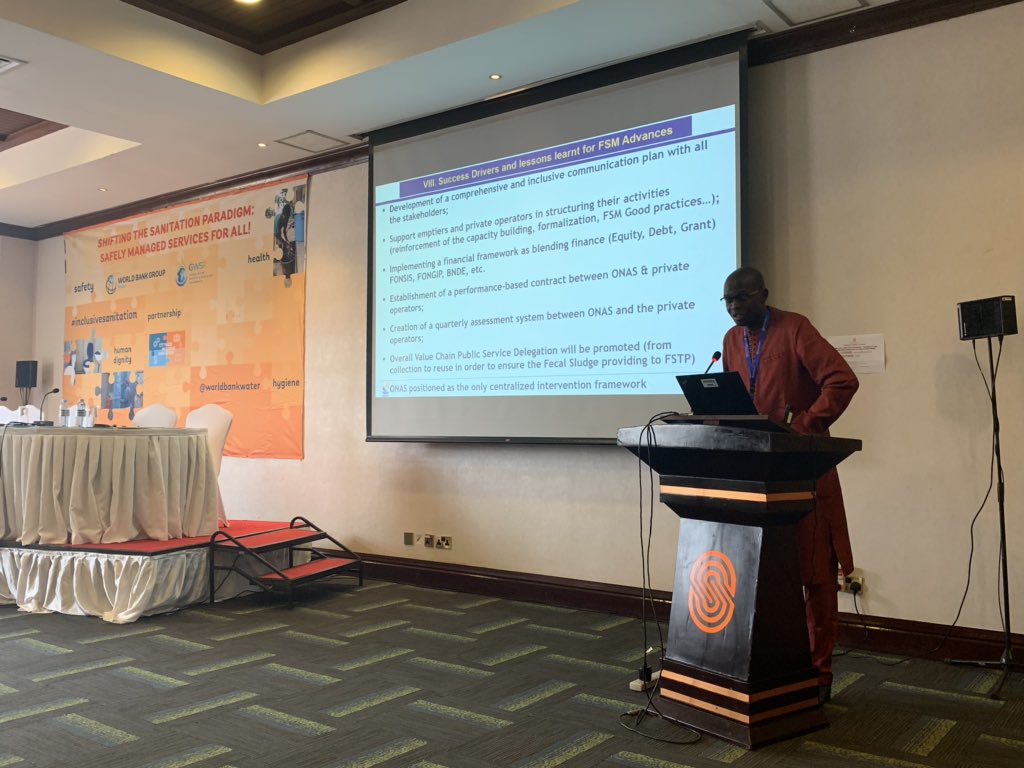 Mouhamadou Gueye, Program Director of ONAS, presenting the success drivers and lessons learnt from FSM advances in Dakar, Senegal. #CWIS K&amp;L event #Uganda <a href="/OPsmbv/">ONAS-PSMBV</a> <a href="/WorldBankWater/">World Bank Water</a>