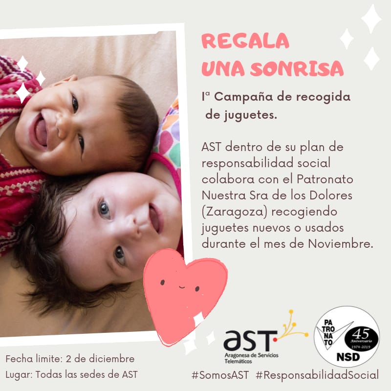Desde todas las sedes de nuestra Entidad ponemos en marcha la primera campaña de juguetes a favor del @patrodolores. Un nuevo reto, una campaña solidaria de recogida de juguetes "Regala una sonrisa 😁". 
#SomosAST #ResponsabilidadSocial #EWWR2019