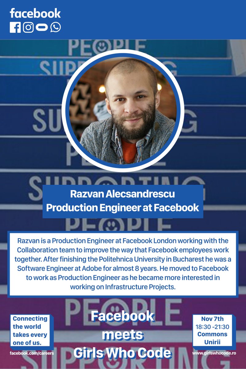 GirlsWhoCodeRO's tweet image. Vrei să afli cum este să lucrezi la Facebook și ce tehnologii inovative dezvoltă? Răzvan îți va povesti despre cum dezvoltă colaborarea într-o echipă de producție la Facebook. Înscrieri și detalii: bit.ly/2oU7kE4