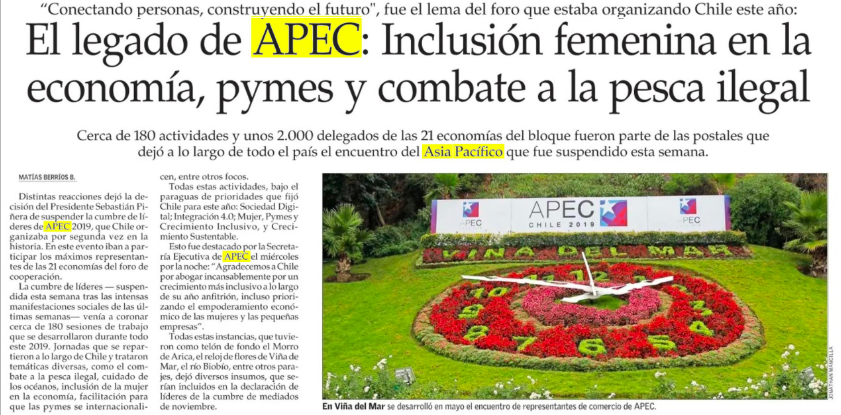 #RevisiónDeLaPrensa El legado de APEC: Inclusión femenina en la economía, pymes y combate a la pesca ilegal. Vía <a href="/elmercurio_cl/">elmercurio_cl</a> #APECChile2019 #APEC