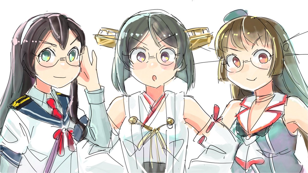choukai (kancolle) 3girls glasses black hair multiple girls long hair hairband school uniform  illustration images