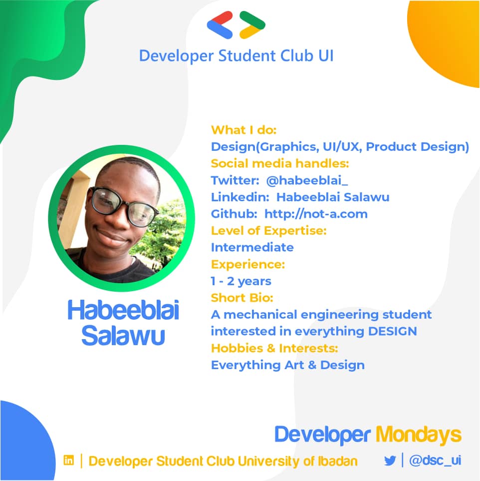 gdg_ui's tweet image. We are proud of our own Habeeblai Salawu @habeeblai_ a mechanical engineering student interested in everything #Art and everything #design (Graphics, UI/UX, product design).

#DevelopersMonday
#creativedesigns
#WeWork
#dscssa
#illustrator
#adobexd
#logo
#branding