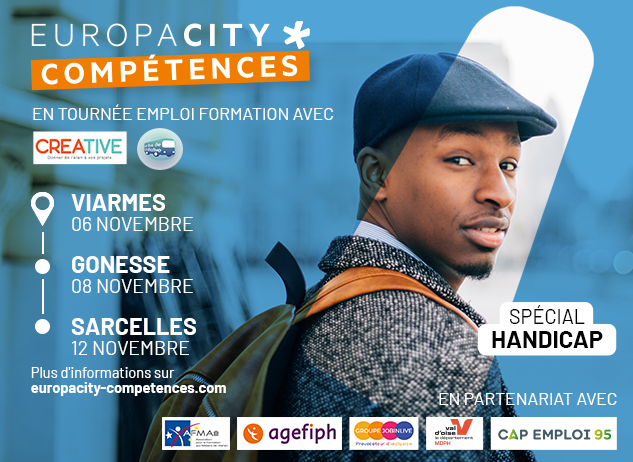 [#EuropaCityCompétences] 3 dates #emploi #handicap avec la tournée de Bus de l'Initiative : 
🚐 6 nov. à #Viarmes 
🚐 8 nov. <a href="/VilleDeGonesse/">Ville de Gonesse</a>  
🚐 12 nov. <a href="/VilleSarcelles/">Ville de Sarcelles</a> 
En partenariat avec <a href="/Agefiph_/">Agefiph</a> , @jobinlive, Cap Emploi, MDPH 95, <a href="/AFMAeCFAaerien/">AFMAÉ - CFA des métiers de l’aérien</a> 
👉 europacity-competences.com/agenda/