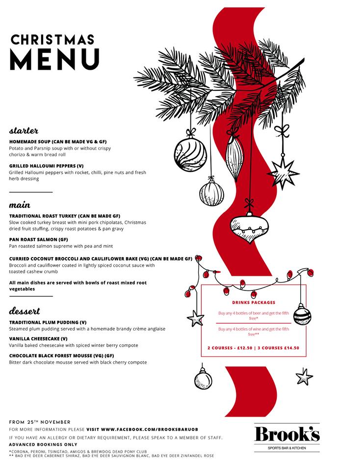 Celebrate Christmas with some festive food and drink at Brook's 🎅

.. and as an early xmas present from us, if you book before the 17th November you will get 10% off your food bill!