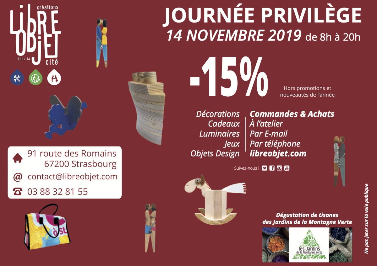 libre_objet's tweet image. C&apos;est bientôt &quot;La Journée Privilège&quot; à #LibreObjet. 
À vos agendas !
Journée du 14 Novembre 2019 de 8h à 20h rythmée entre cadeaux fait mains et dégustation des tisanes des #jardinsdelamontagneverte