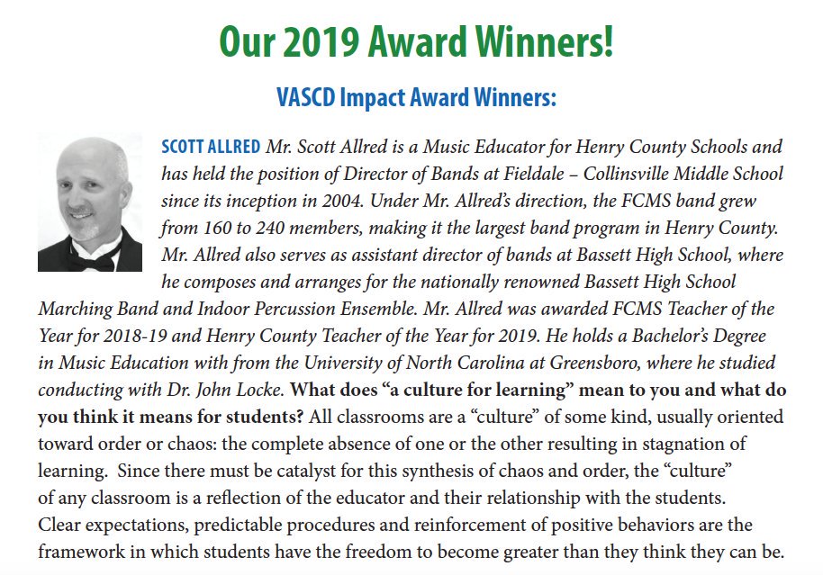 FCMidd's tweet image. Congrats, Mr. Allred -- 2019 VASCD Impact Award Winner...we are so proud of you! #cavaliersUNITE