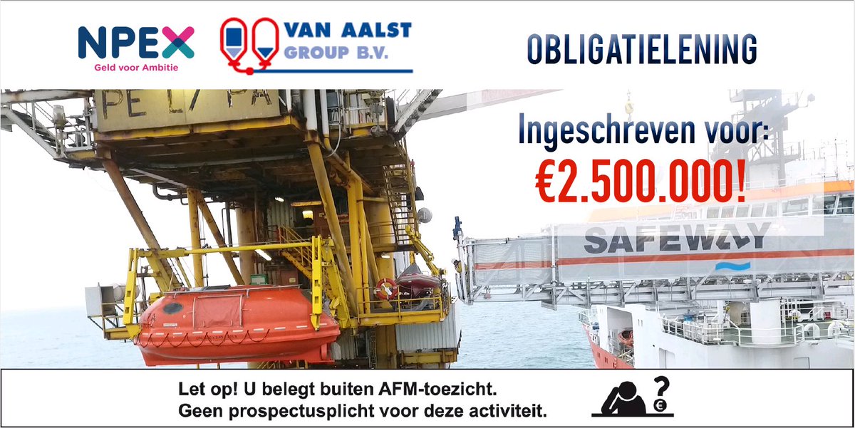 npex's tweet image. De uitgifte van de @vanAalstMarine – 7,5% obligatielening gaat definitief door! Het minimum bedrag van €2.500.000 is gehaald, op naar de €4.999.000.

Meer weten over de emissie? Klik dan hier: bit.ly/2W08BFC