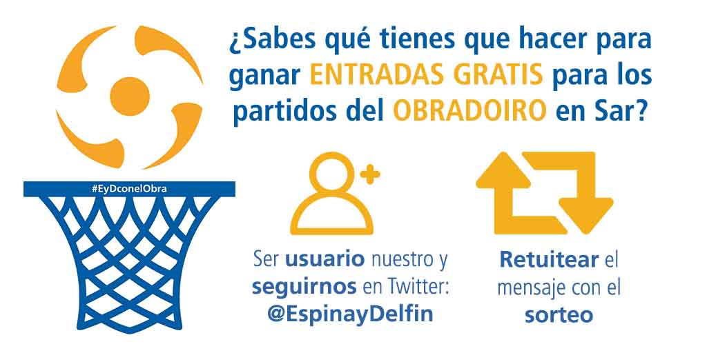 🎁 SORTEO 🎁 Consigue una entrada triple para el 
<a href="/OBRADOIROCAB/">MONBUS OBRADOIRO</a> 🆚 <a href="/Baskonia/">Kosner Baskonia</a>, cómo?
🏀 Ser usuario y seguidor de <a href="/EspinayDelfin/">Espina & Delfín</a>
🏀 Retuitear este tuit
#EyDconelObra #ADNobra #SomosObra
(Válido hasta: 8/11/19 a las 12:00 horas)