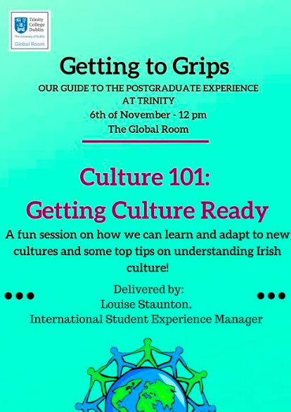 tcdglobal's tweet photo. On the 6th November @TCDGlobalRoom is having their next event as part of the "Getting to Grips" series, "Getting Culture Ready". It will be a fun session on how students can learn and adapt to new cultures and some top tips on understanding Irish culture! #StudyInTrinity https://t.co/Sc0KGSP3CV