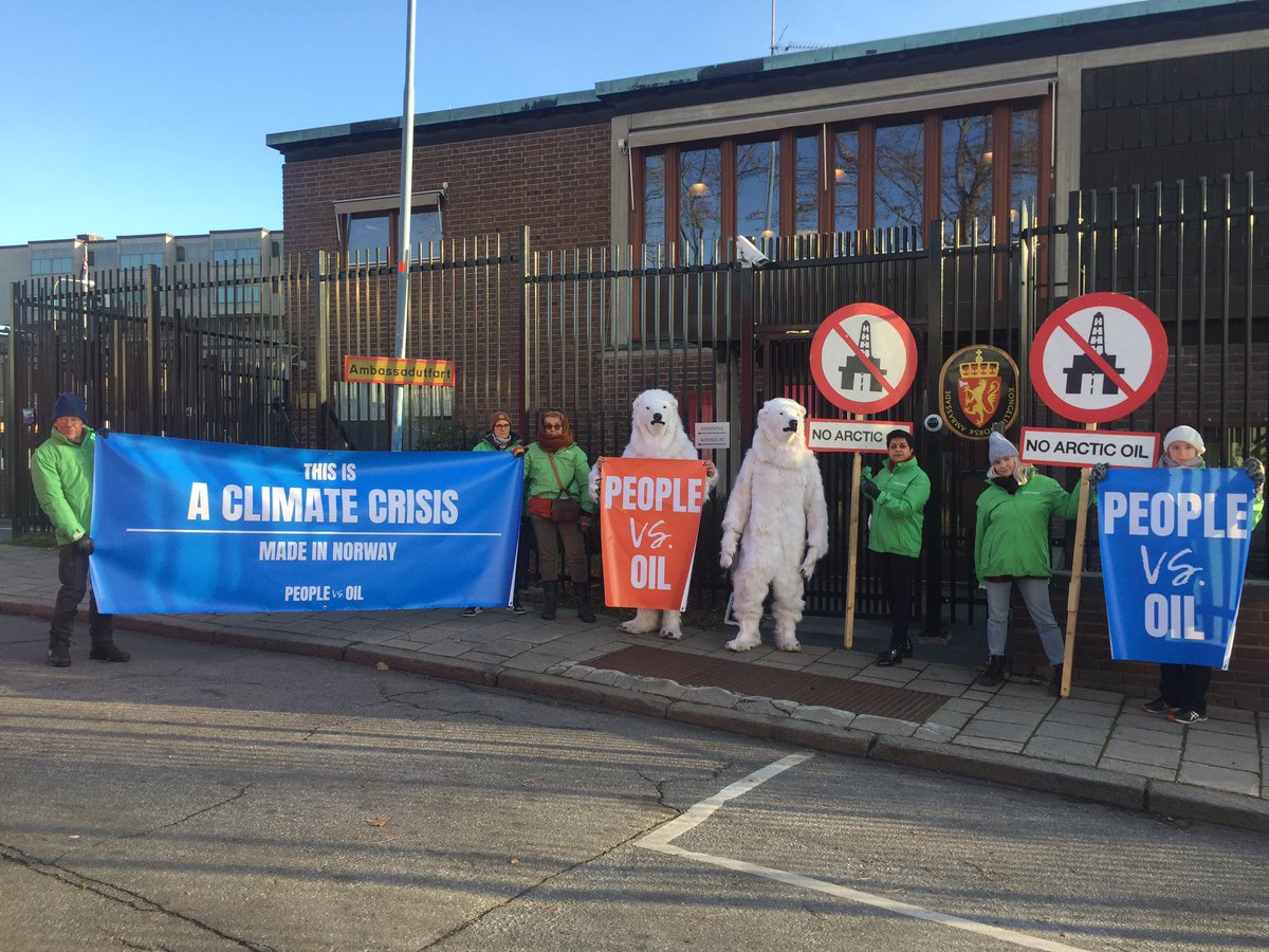 sandra_lamborn's tweet photo. Outside the Norwegian embassy in Stockholm protesting oil exploration in the Arctic #NoArcticOil #PeopleVsOil https://t.co/lEGBwj2j7M