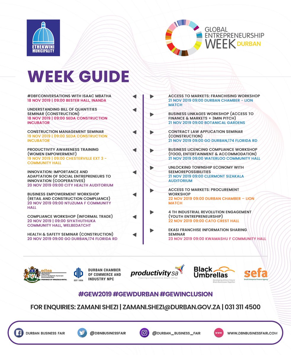 DBNBusinessFair's tweet photo. #MondayMotivation! We promised you the week guide, &amp; here it is✨!

Diarised 18-23 Nov yet? If you are a Durban entrepreneur, then plot your self, week &amp; business on this #GEWweek guide, &amp; be sure to attend these FREE #engagement, #empowerment and #Inspirational events!

#DBF21 https://t.co/VUNUatbJrI