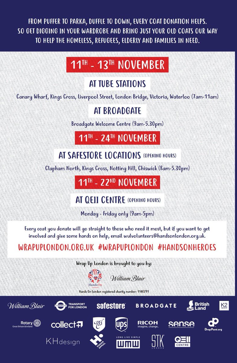 WrapUpLondon's tweet photo. 📣 Seven days to go to #WrapUpLondon coat collection! 

Please look to see if YOU have a coat to give to warm another person this winter - we really need men's coats and children's snowsuits  🤗❤🤗

#WrapUpFamily 🤗
#SpreadTheWord 📣
#ChristmasStartsHere 🎄 https://t.co/8Puh7s3G9R