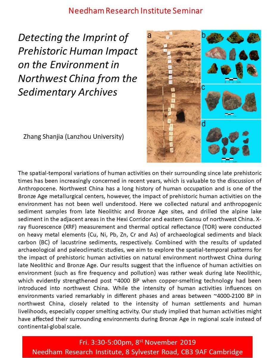 Please join us on Fri. 8th November, 3:30-5:00pm, for the talk by Zhang Shanjia (Lanzhou University), "Detecting the Imprint of Prehistoric Human Impact on the Environment in Northwest China from the Sedimentary Archives". All welcome!
