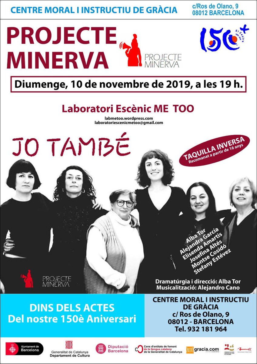 Minerva. Dones creadores de Gràcia. (@minervadcg) on Twitter photo El laboratori escènic Me Too ens ofereix la seva obra "Jo també" a <a href="/ELCENTREGRACIA/">EL CENTRE GRÀCIA</a>. Una peça crua i honesta que visibilitza les violències sexuals i les seves seqüeles i ens mostra com la #sororitat i l'#art són curatius.
📅 10 de novembre
🕑 19 h
📌 Carrer Ros de Olano 9 El laboratori escènic Me Too ens ofereix la seva obra "Jo també" a <a href="/ELCENTREGRACIA/">EL CENTRE GRÀCIA</a>. Una peça crua i honesta que visibilitza les violències sexuals i les seves seqüeles i ens mostra com la #sororitat i l'#art són curatius.
📅 10 de novembre
🕑 19 h
📌 Carrer Ros de Olano 9