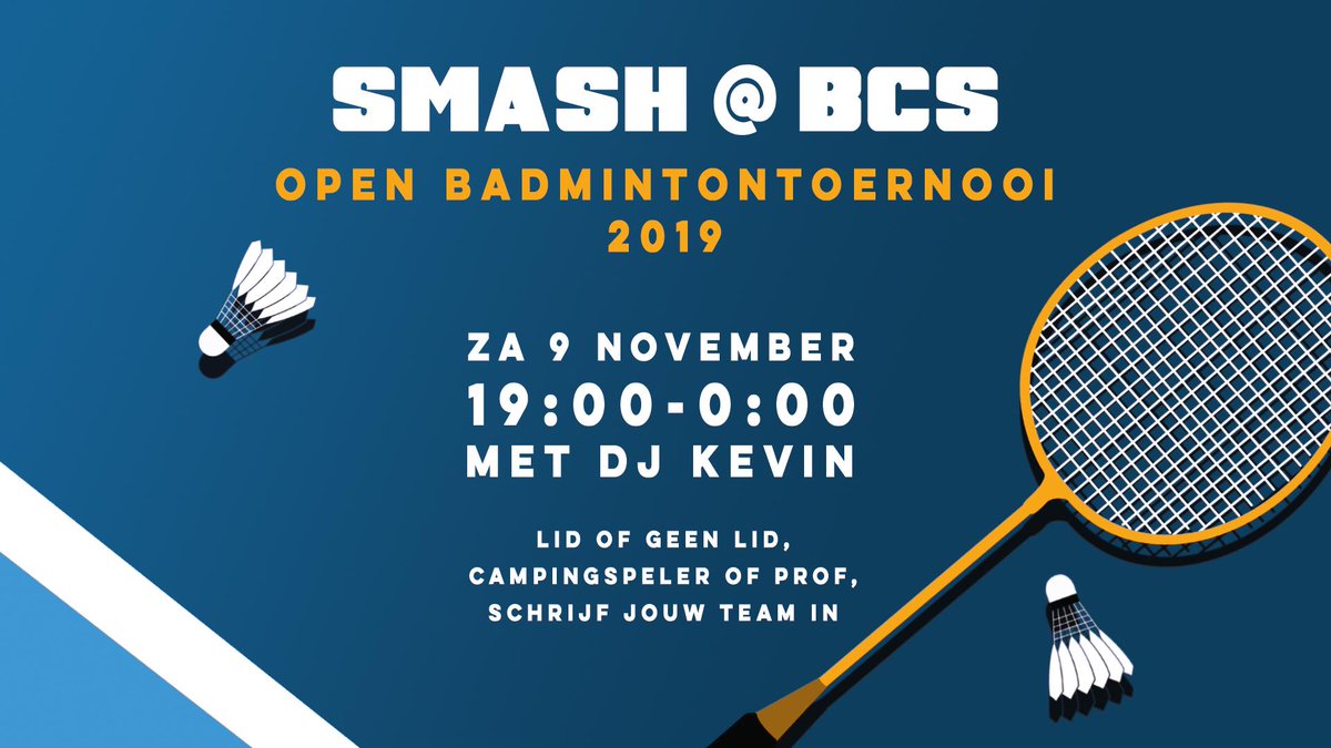 Nog geen plannen komend weekend? Doe mee met het open toernooi van Badmintonclub Schoonhoven! Dit is voor iedereen: lid of geen lid, prof of beginner: het maakt niks uit!
Inschrijven kan met een team van vier personen (25 euro per team) door te mailen naar smash-bcs@hotmail.com.