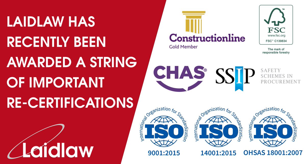 Laidlaw has recently been awarded important health and safety, environmental and quality management re-certifications including CHAS, FSC, Constructionline and three ISO standards. Read more about the certifications and what they mean for Laidlaw here: ow.ly/v3Vu50wZqjB