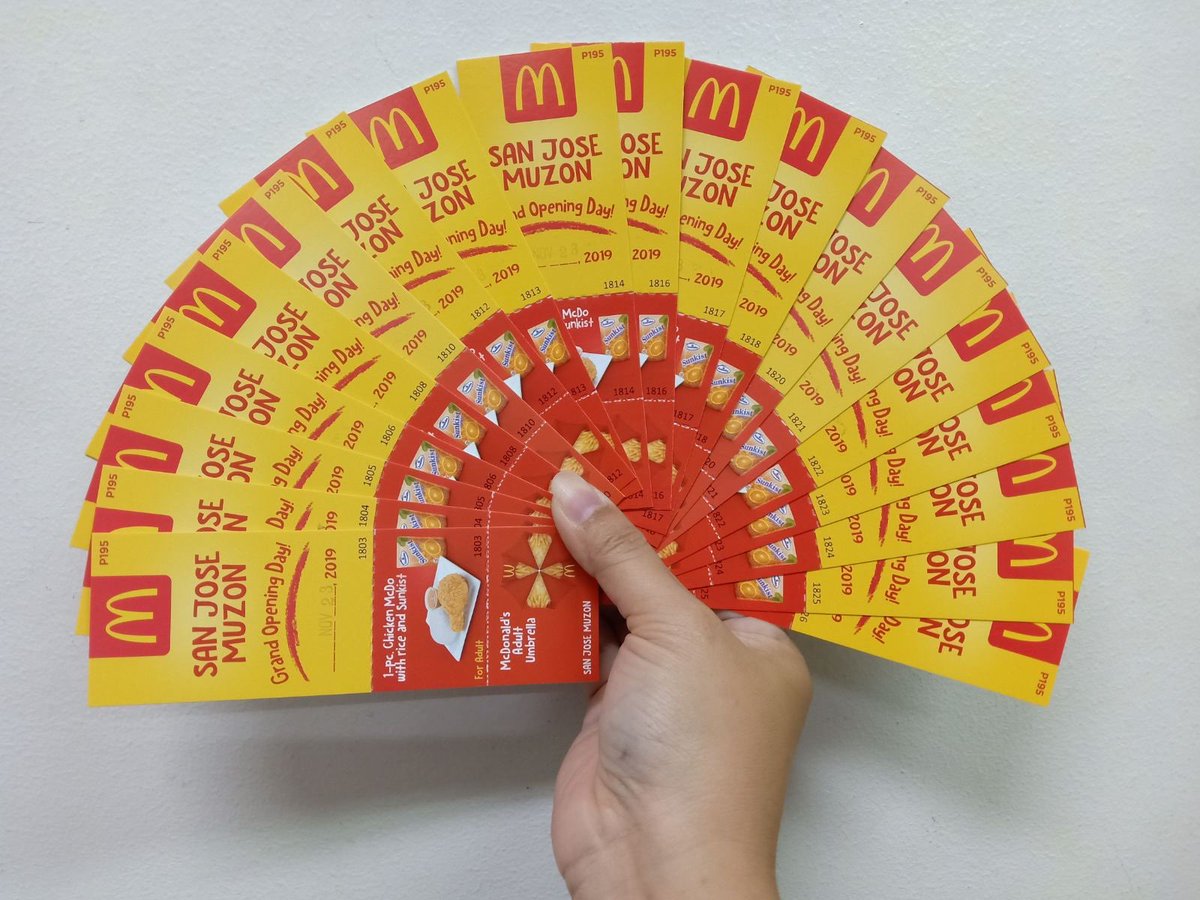 Mcdonalds San Jose Muzon is opening on November 23 (Saturday) !

Para po sa mga nagtatanong if saan po pwede makabili ng ticket para sa opening ng 4th MCDO ni Menggay. For 195 pesos only Chicken with Sunkist and a FREE umbrella 
Kindly DM us for the ticket reservation
Thank you
