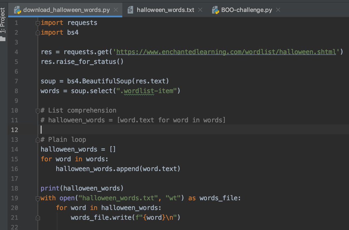 JamileKollar's tweet image. [5/100]#100DaysofCode Halloween words list downloaded from a webpage and saved into a text file. #python list built from same text file. Check if element exists in list using python  “in” Operator. Inspired by #DojoBooChallenge