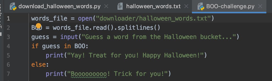 JamileKollar's tweet image. [5/100]#100DaysofCode Halloween words list downloaded from a webpage and saved into a text file. #python list built from same text file. Check if element exists in list using python  “in” Operator. Inspired by #DojoBooChallenge