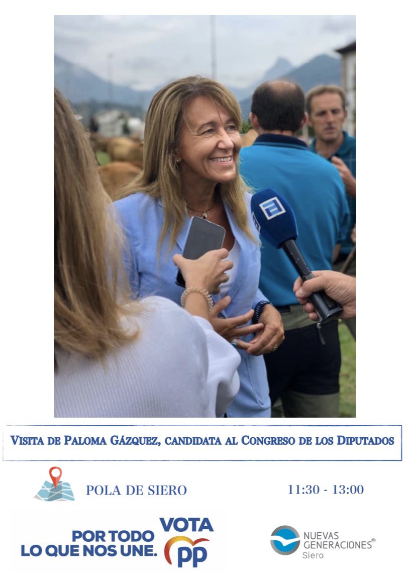 NNGGSiero's tweet photo. 🗳Mañana contaremos con la visita de nuestra candidata al Congreso de los Diputados @PalomaGazquez, quien estará en Pola de Siero entre las 11:30 y las 13:00. ¡Estáis todos invitados a acompañarnos! https://t.co/fmP9FqxGj2