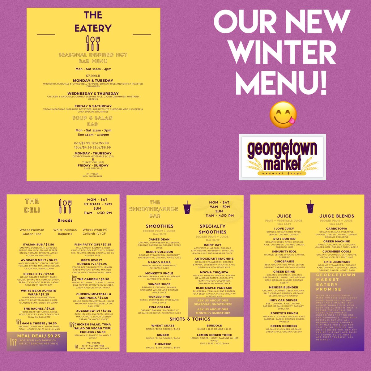 GeorgetownMarkt's tweet photo. Introducing our NEW Winter Menu which begins TODAY! Over 20 new delicious items along with our regular favorites😋Feel good about what you eat! Enjoy! #whatsforlunch #whatsfordinner #eatHereIndy #aplacetoeat #aplacetoshop #menu #eatlocal #loveIndy #speedway https://t.co/WdsMVZWbqb