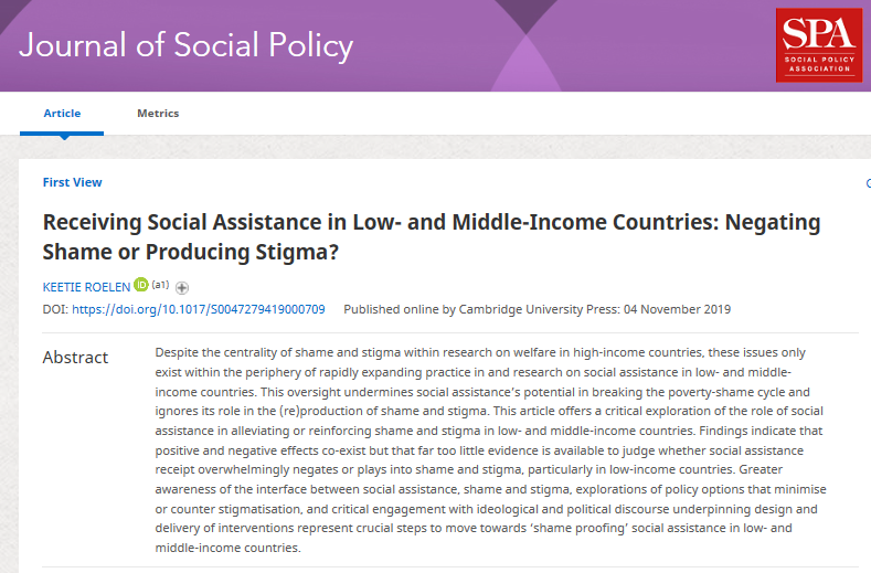 NEW publication: #socialassistance in LMICs - negating #shame or producing #stigma? Now available <a href="/JSP_Journal/">Journal of Social Policy</a> 
➡️ bit.ly/2JPlLQP
Short answer: positive and negative effects co-exist, but we know far too little to give definitive answer
#socialprotection <a href="/IDS_UK/">Institute of Development Studies</a>