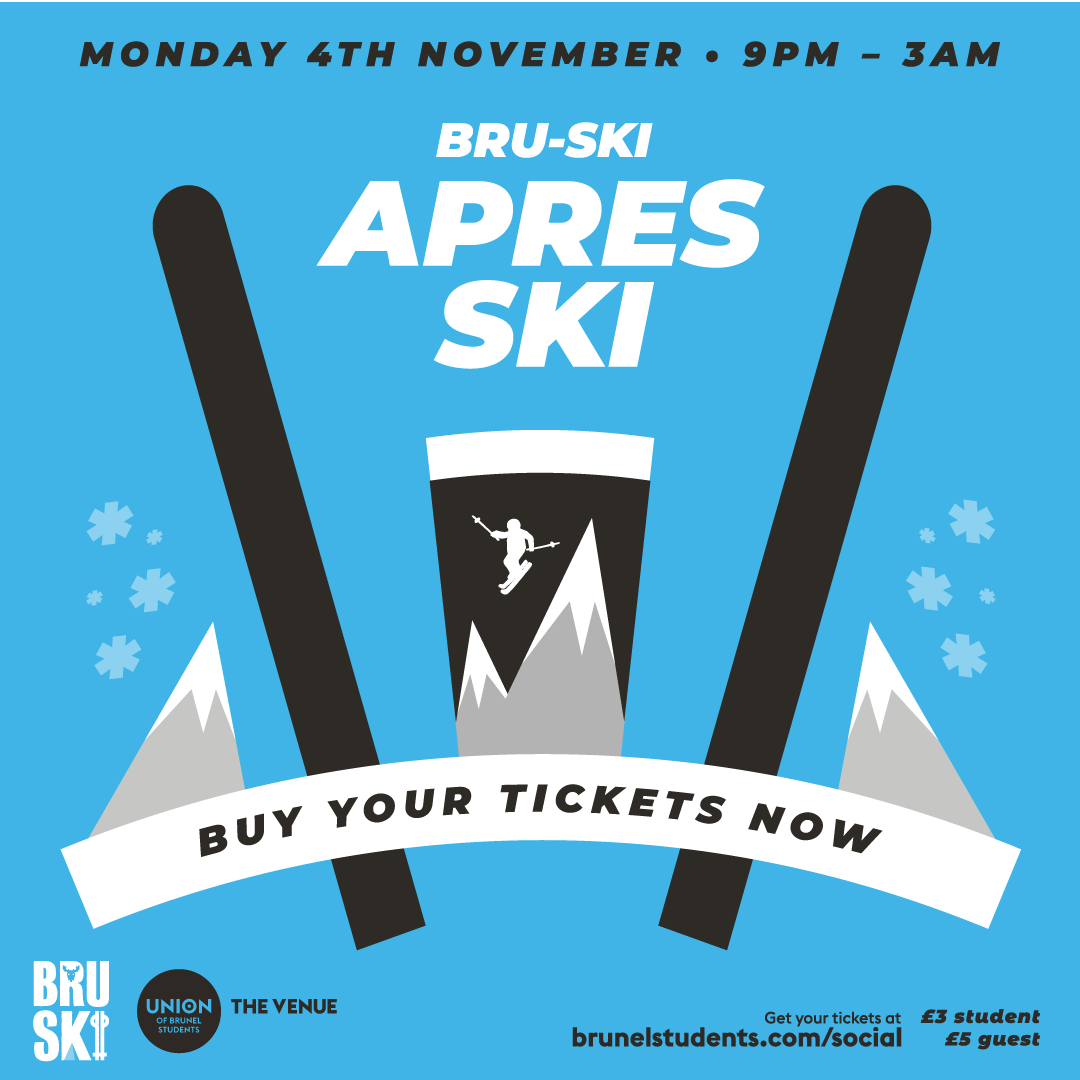 <a href="/bruski_official/">Bruski</a> x Apres Ski! 🎿❄️

Dress ready for the Cold! Hosted by Brunel Ski Club! ⛷️

Beer Pong Tournament with Prizes!🍺🏓

📆TONIGHT
⏰10PM - 3AM
💸£3 Tickets!

Tickets sold at Union Reception, on the Door, or Online⬇️⁣
brunelstudents.com/ents/event/489…