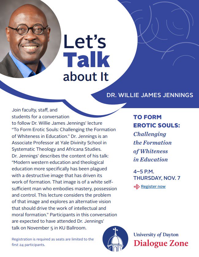 DialogueZone_UD's tweet image. “Modern western education and theological education more specifically has been plagued with a destructive image that has driven its work of formation. That image is of a white self-sufficient man who embodies mastery, possession, and control." 
🗣️ Let's Talk About It!