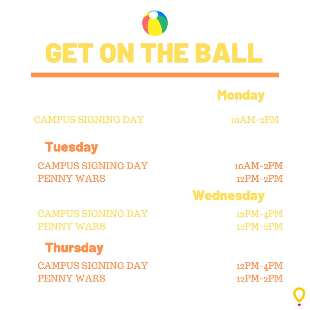 It’s that time again! Make sure to look for us rolling the ball around campus and get your signature on it this week. We’ve also got some Penny Wars events on the UC Lawn this week from Tuesday-Thursday. Come show your support for Children’s Miracle Network Hospitals this week!