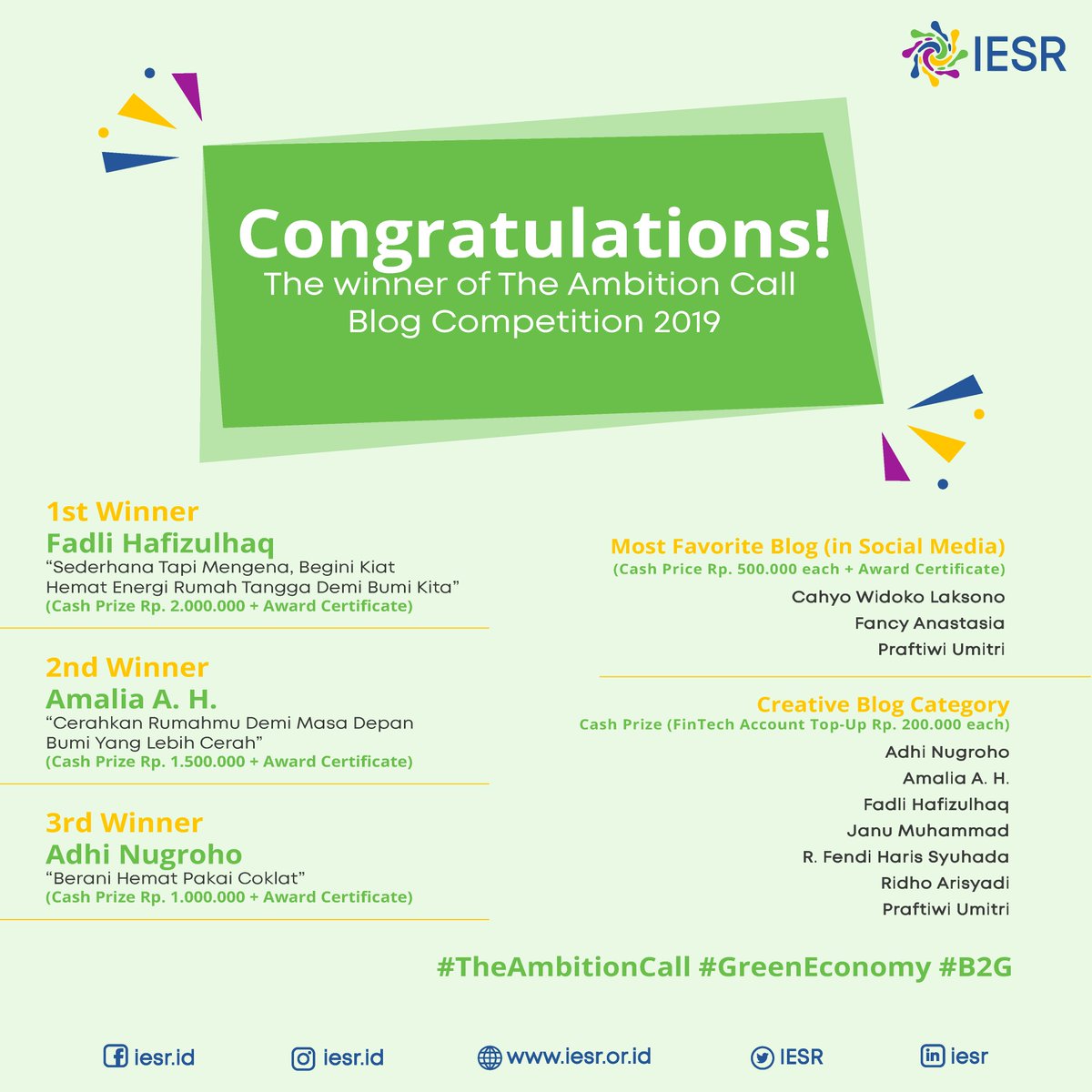 #Announcement The Ambition Call Blog Competition Winner is finally there!! Wahooo 🙌 🙌 Congratulations for all winners! and we will contact you personally via email to claim your awards! #B2G #UNClimateAction #greeneconomy