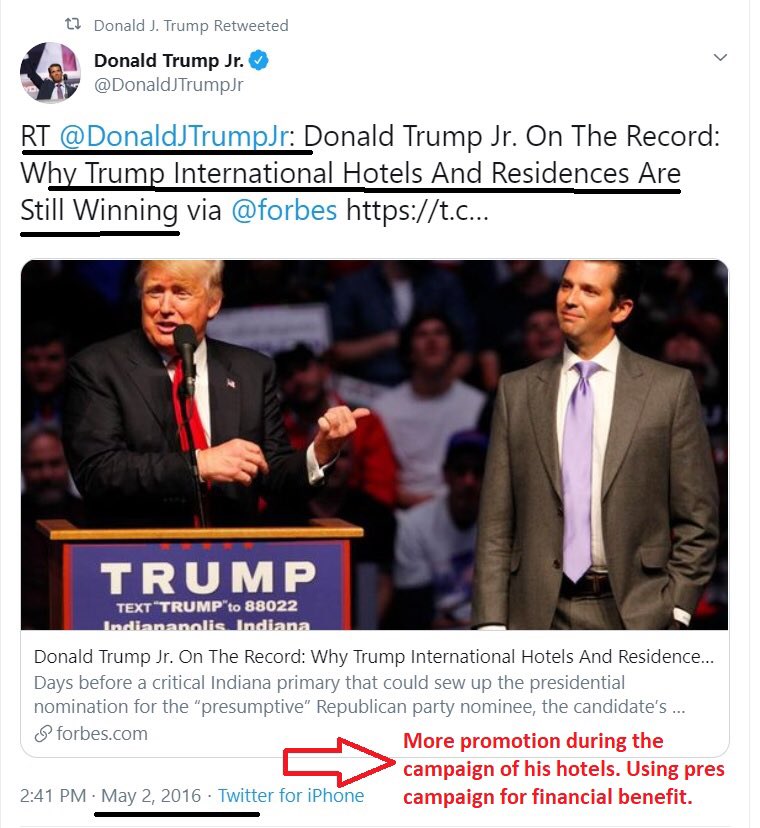 16/ ON THE RECORD: Trump and his kids used the campaign for financial benefit—and then the presidency*.“Turning over mngt of Trump Org. and its businesses to Don and Eric did not prevent Trump or isolate Trump from using his presidential office for his financial benefit.”-TG