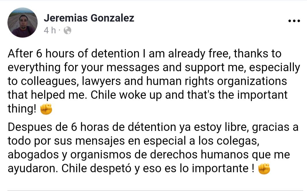 Buenas noticias! Nuestro colega Jeremías Gonzalez fue liberado. Compartimos su mensaje de agradecimiento. Gracias a todxs! <a href="/inddhh/">INDH Chile</a> #argra #chile